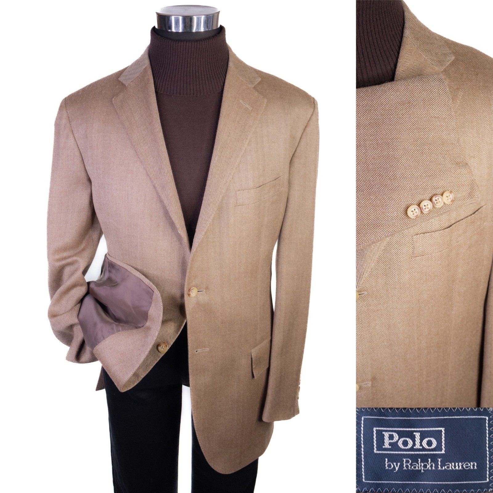 Polo Ralph Lauren Herringbone Blazer Jacket 44l Beige Wool-Silk 3 Button Italy